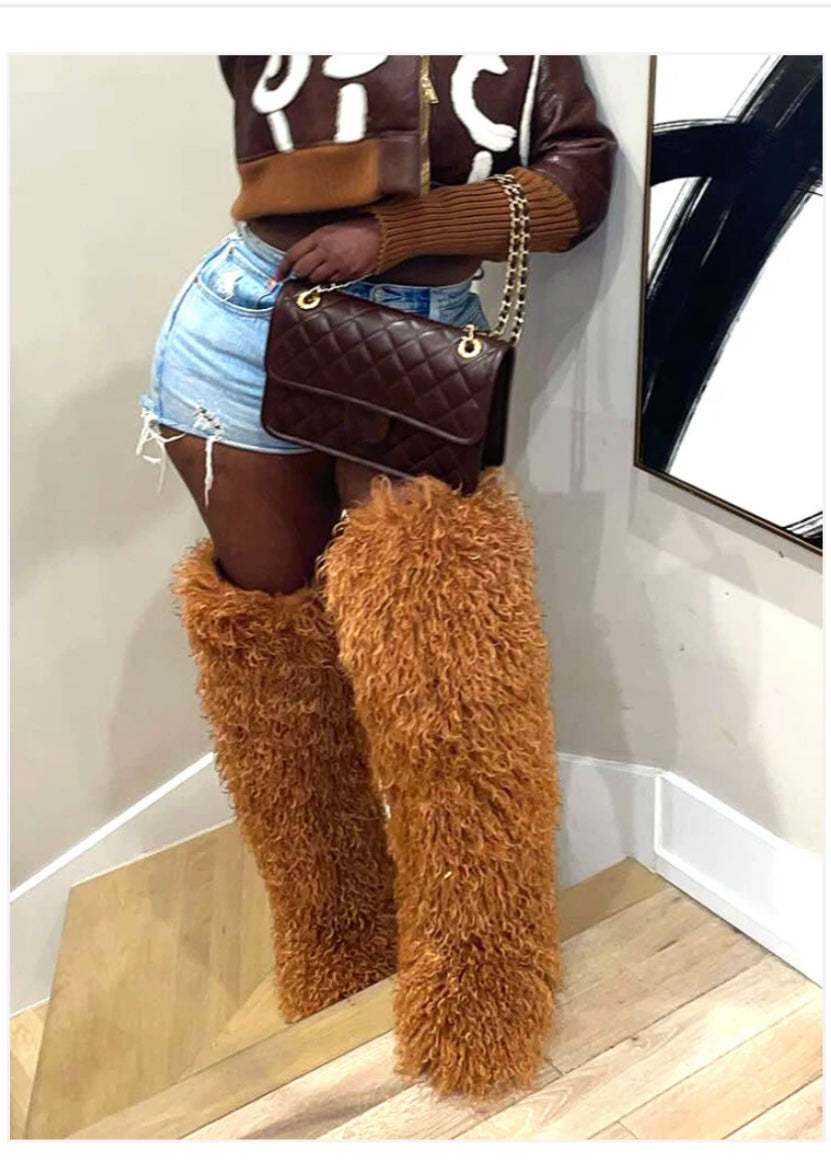 Mongolian Fur Thigh High Boots