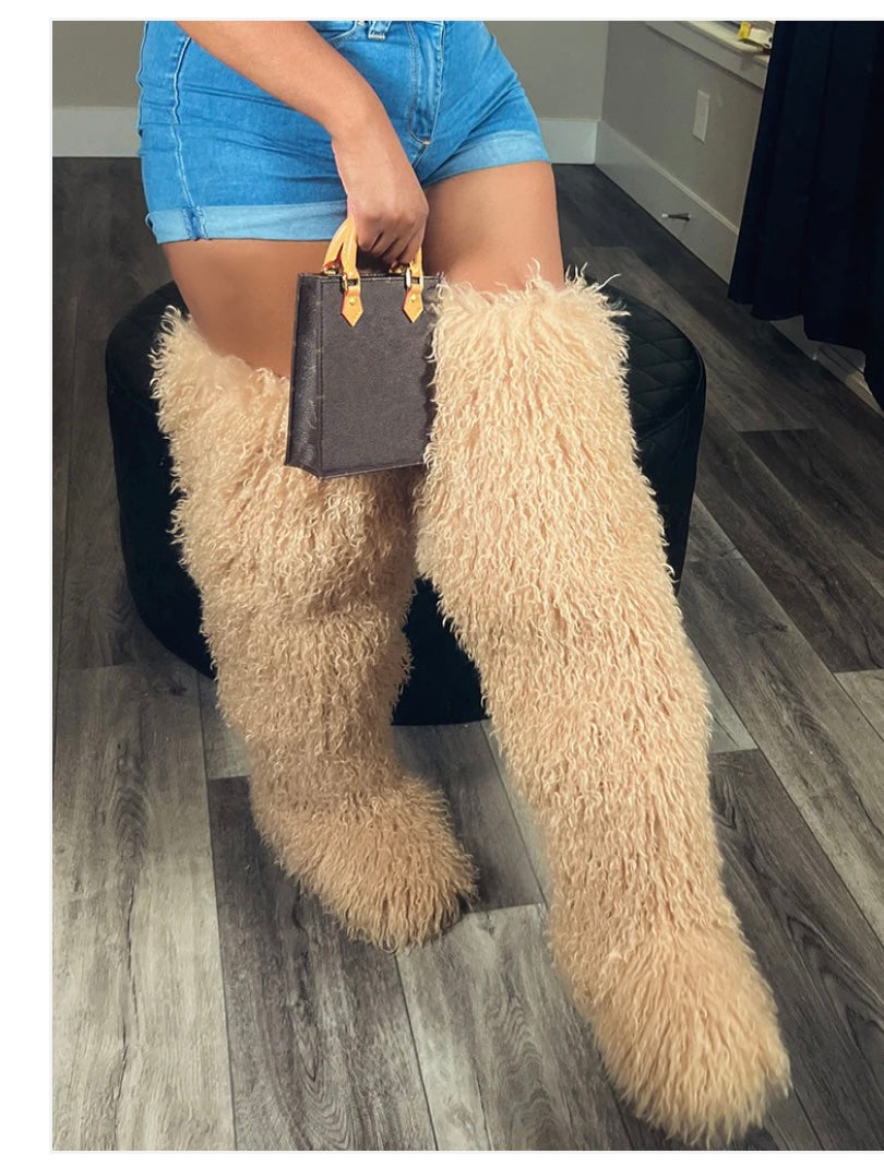 Mongolian Fur Thigh High Boots