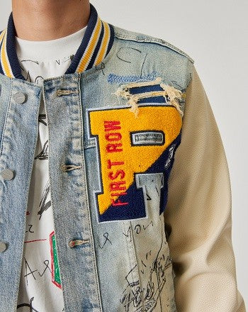 HAND DRAWING LEATHER SLEEVES DENIM VARSITY JACKET My Obsession