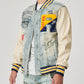 HAND DRAWING LEATHER SLEEVES DENIM VARSITY JACKET