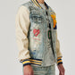 HAND DRAWING LEATHER SLEEVES DENIM VARSITY JACKET