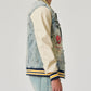 HAND DRAWING LEATHER SLEEVES DENIM VARSITY JACKET